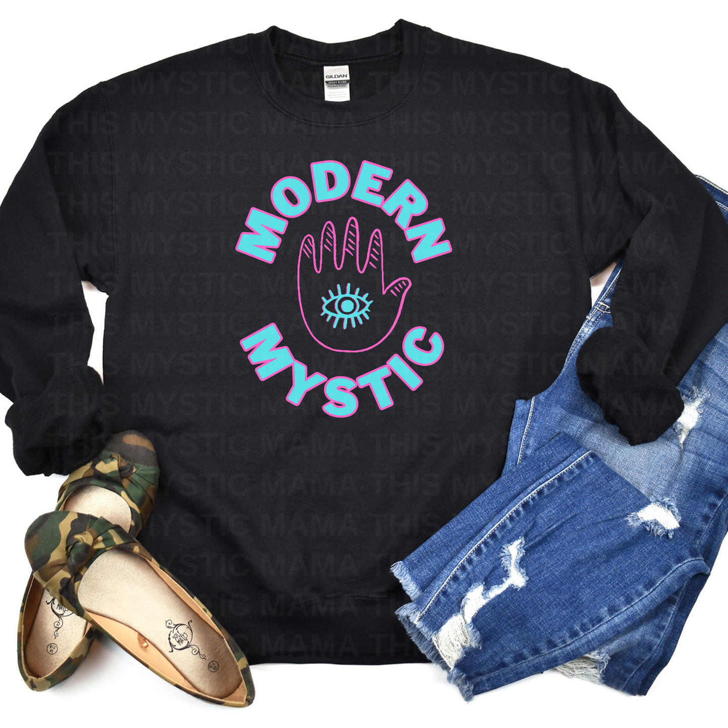 "Modern Mystic" Black Sweatshirt with Turquoise & Pink Typography