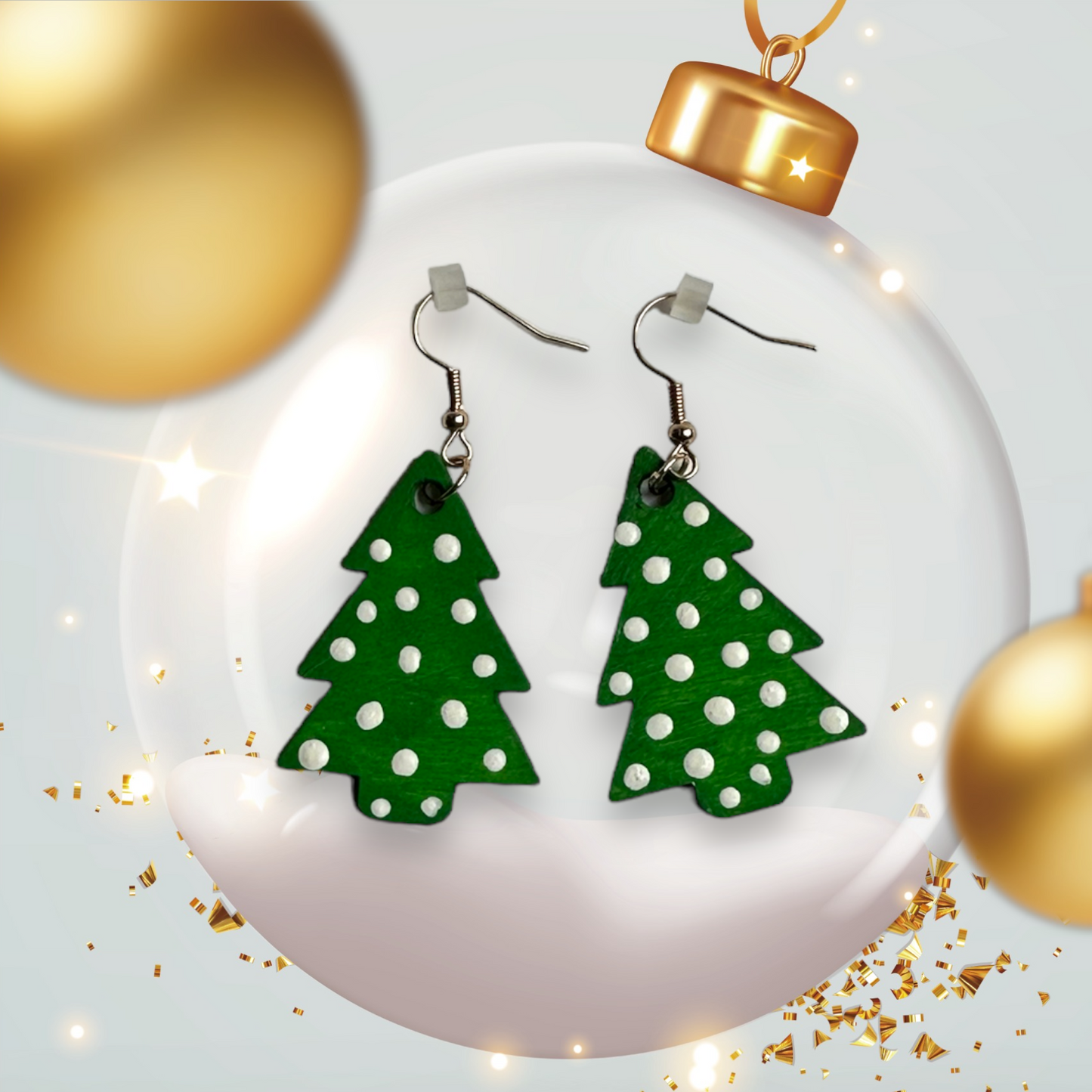 Handcrafted White Polka Dot Christmas Tree Earrings