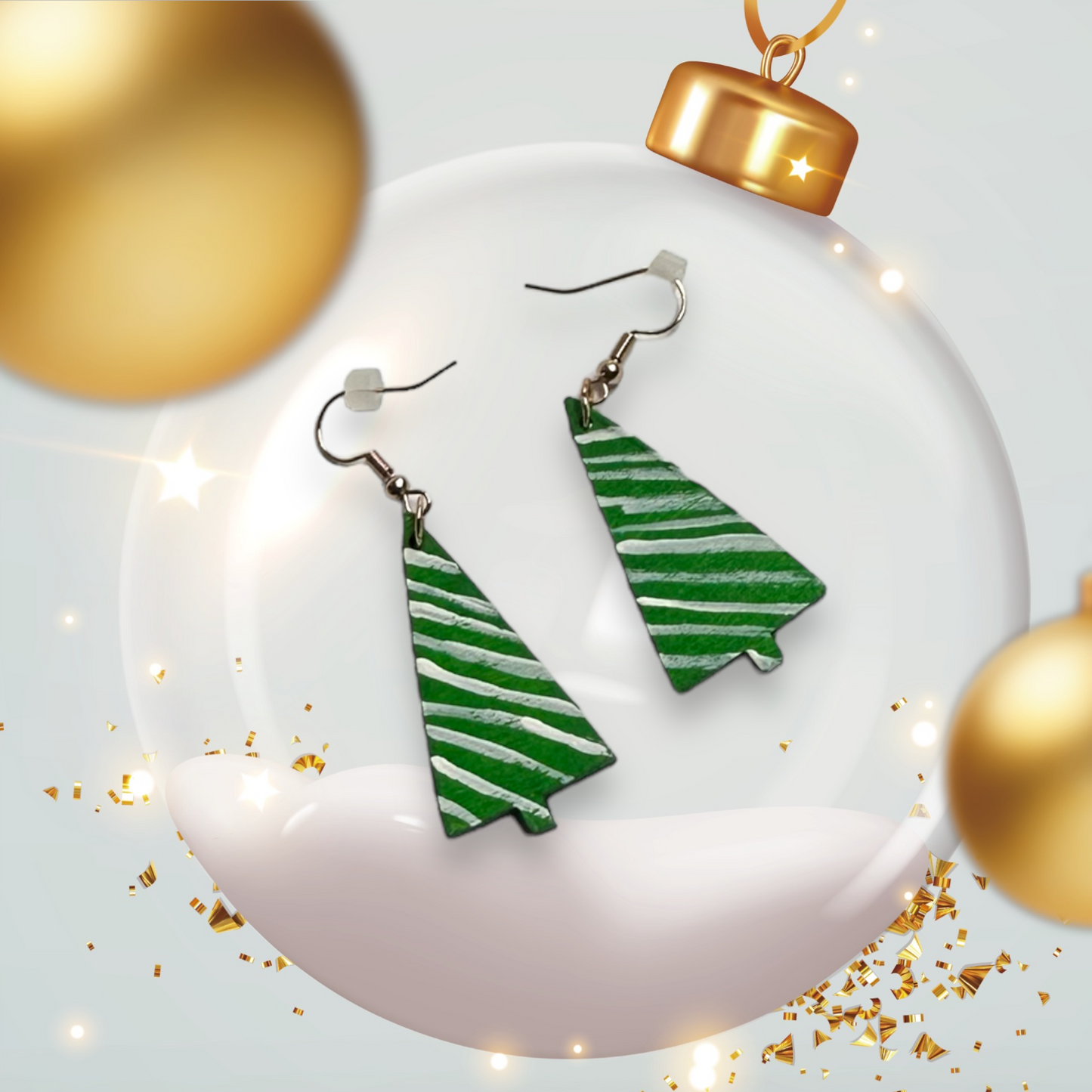 Handcrafted White Striped Christmas Tree Earrings