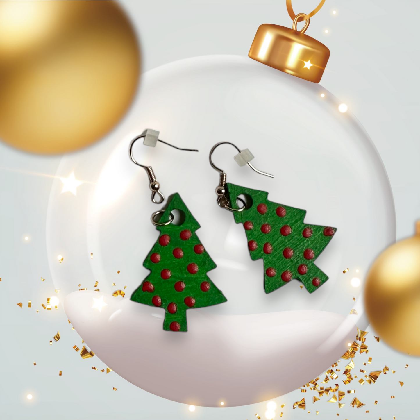 Handcrafted Red Polka Dot Christmas Tree Earrings